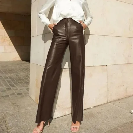 PU leather casual straight pants brown