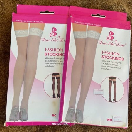 Women-s white nylon stockings with lace