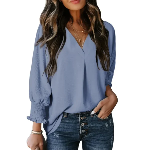 Ensfarget langermet bluse V-neck long sleeve blouse blue