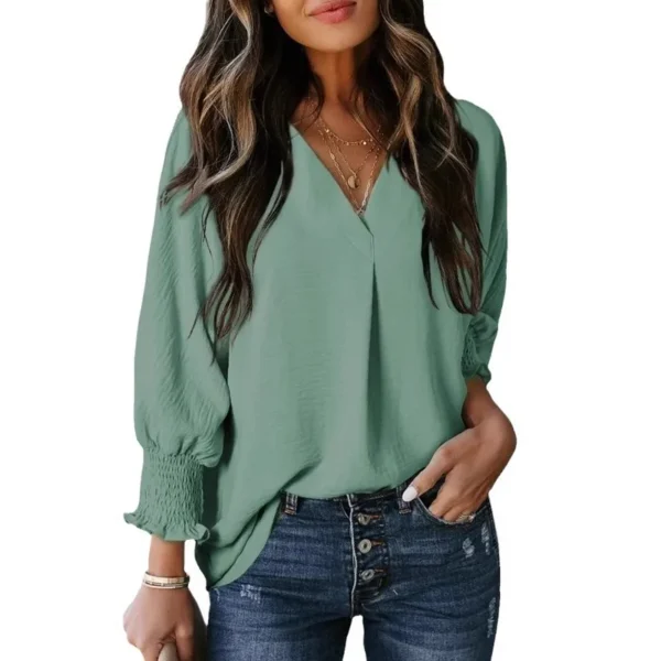 Ensfarget langermet bluse V-neck long sleeve blouse green