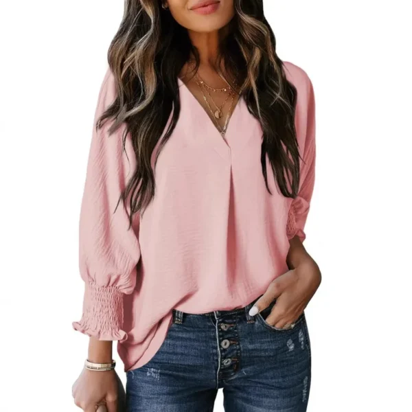 Ensfarget langermet bluse V-neck long sleeve blouse pale pink