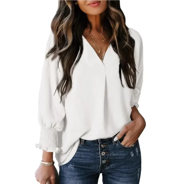 Ensfarget langermet bluse V-neck long sleeve blouse white